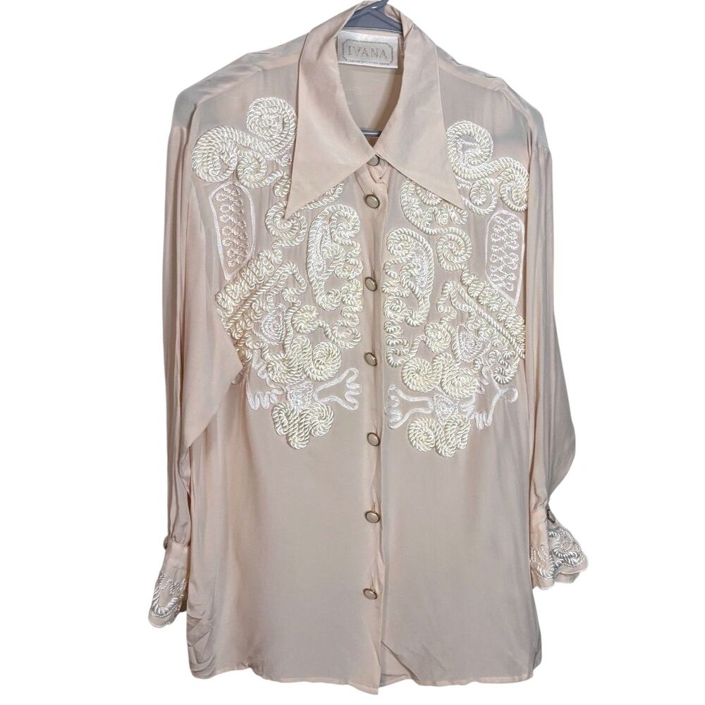 Vintage Ivana 100% Silk  Blouse Top Ivory Pearl Rope Embroidery Size 14